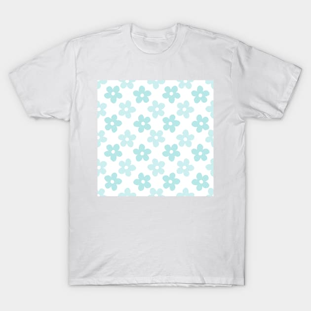 White Blue Daisy Flowers Retro Pattern T-Shirt by NdesignTrend